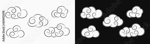 Clouds set on white, black background in vintage style. Cartoon white fluffy clouds for day and for night. Good for groovy, hippie, naive style, kids design.