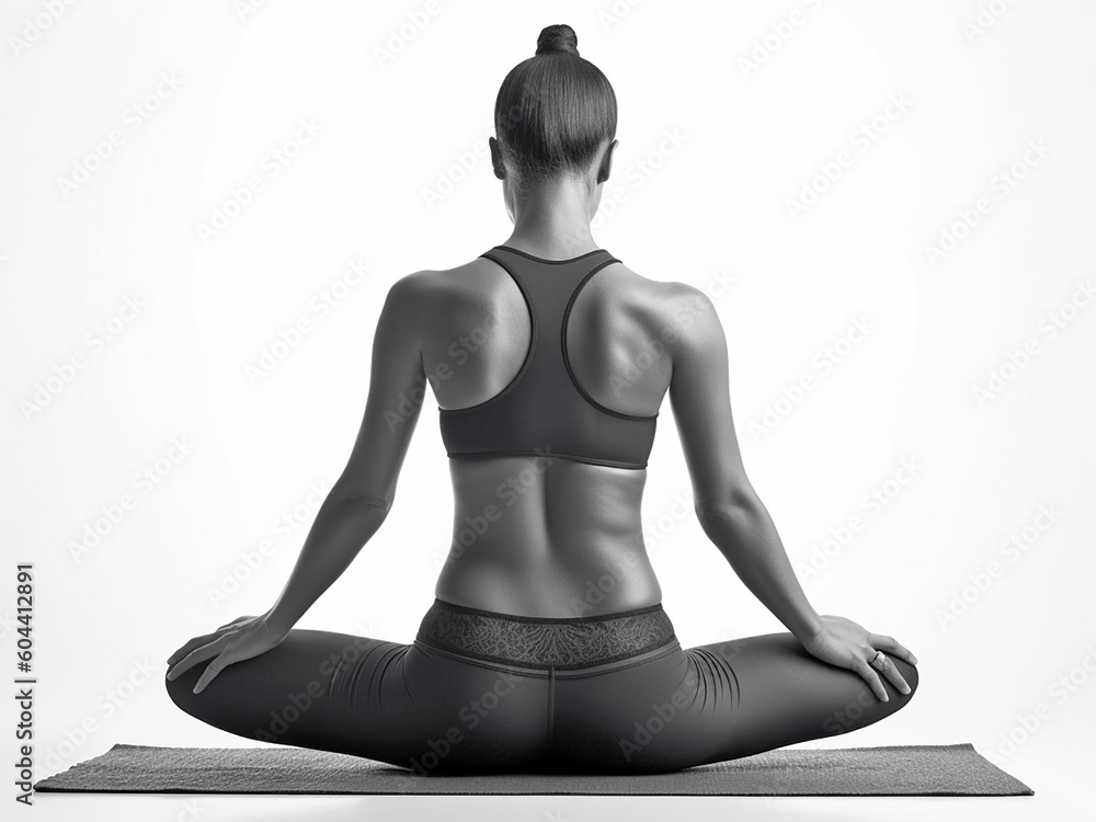 Young beautiful slim woman in one of the yoga poses, viewed from the back and on an isolated background. Generative AI