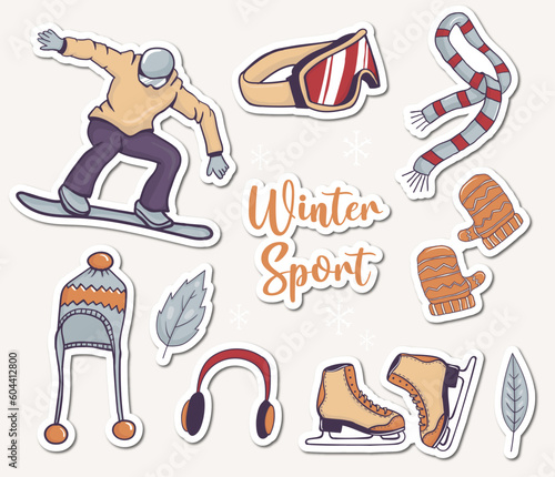 set of winter sports stickers with man doing snowboarding