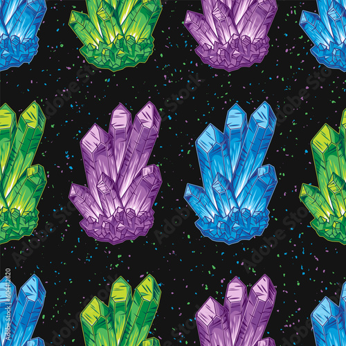 Seamless pattern with arranged in a row crystal gems, druse of gemstones. Magical, glowing inside minerals. Fantasy, mystical concept. Colors of sapphire, emerald, amethyst. Dark textured background