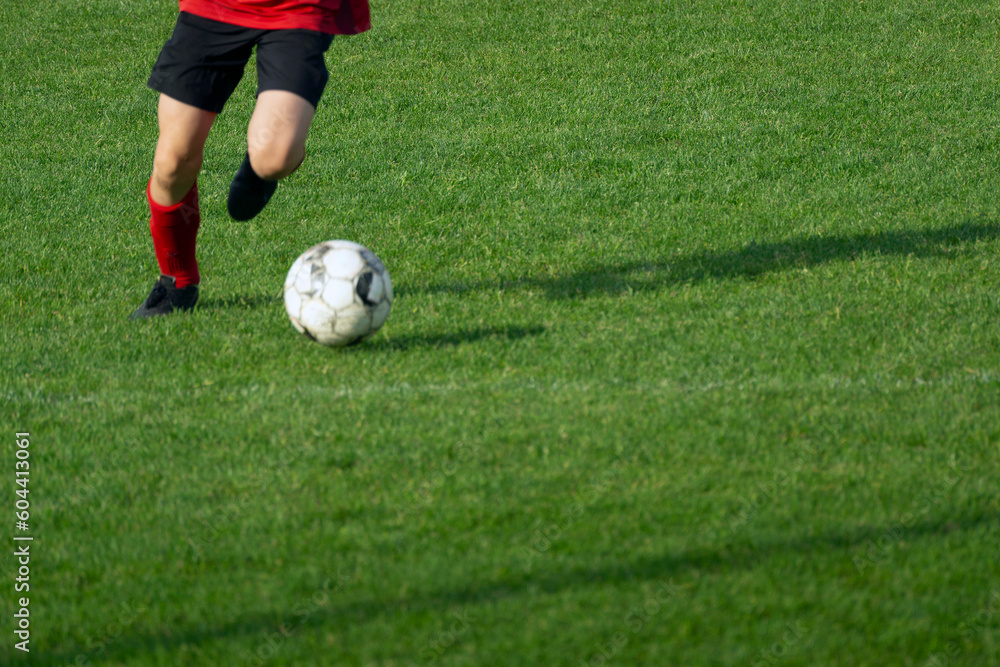 Soccer player legs and the ball on the green turf. Soccer player legs and the ball on the green turf.
