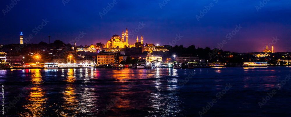 Istanbul night view from Bosphorus strait, Turkey. Summer travel
