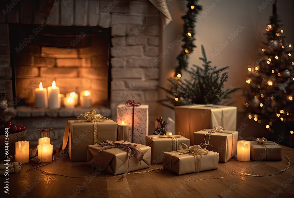 Christmas decorations, a gift, and candles in front of a fireplace. A fire is burning in the fireplace. Front room decorated for Christmas with fireplace Generative Ai. Christmas decorations, a gift, and candles in front of a fireplace. A fire is burning in the fireplace. Front room decorated for Christmas with fireplace Generative Ai.
