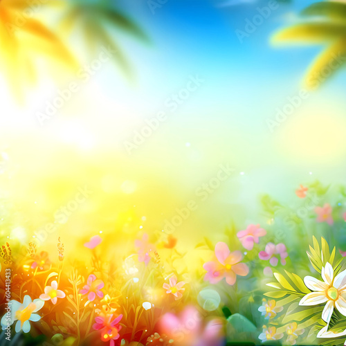 Beautiful summer background with flower garden and sun ray. spring background generative AI