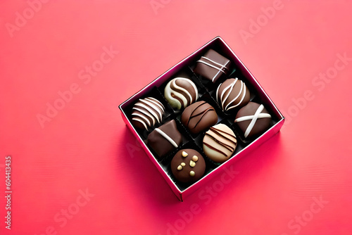 Chocolate candies in a red craft box on a bright coral background. Flat layout with copy . Holiday Concept