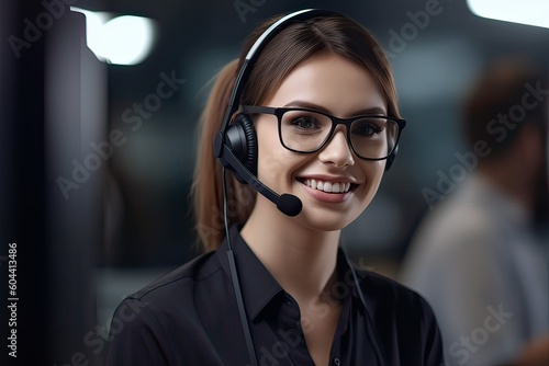 Attractive business woman Asian in suits and headsets are smiling while working with computer at office. Customer service assistant working in office. Generative Ai.