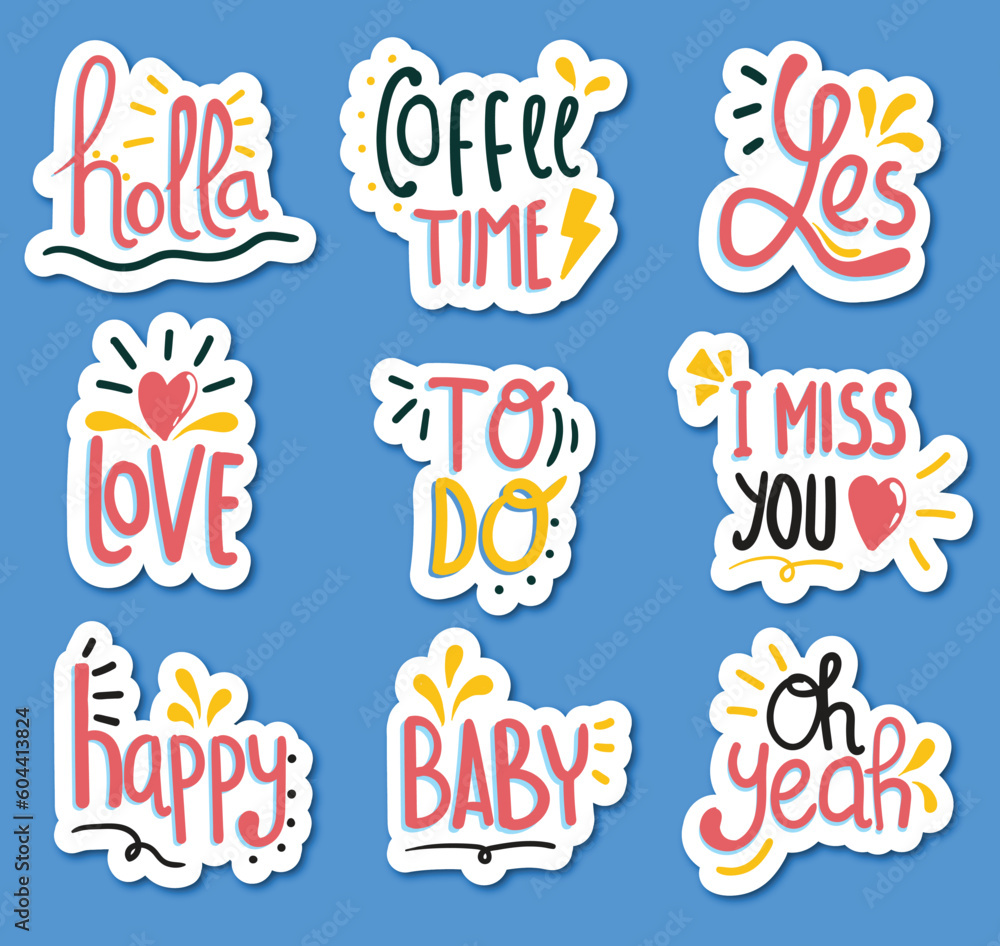 Set of colorful hand drawn motivational lettering stickers