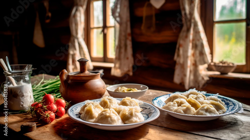 Table with dumplings in a village house. Generative AI.