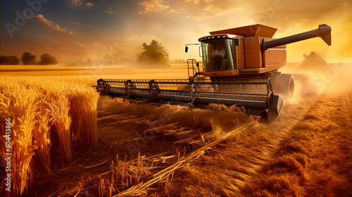A harvester rides into a field of wheat against the backdrop of sunset. Generative AI.
