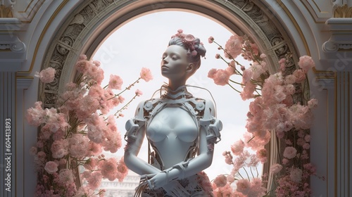 Cyborg model standing front in abstract style. Fantasy illustration. Tech science background. Abstract futuristic character illustration. Generative Ai