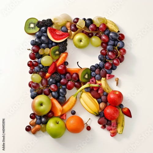 letter, alphabet, fruit, food, apple, orange, fresh, isolated, healthy, grape, banana, fruits, grapes, pineapple, diet, green, kiwi, white, ripe, red, pear, strawberry, vegetable, generative ai