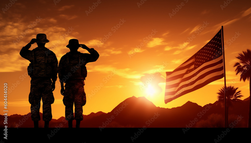 USA Army Soldiers Salute the USA Flag at Sunset or Sunrise - A Patriotic Greeting Card for Veterans Day, Memorial Day, and Independence Day
