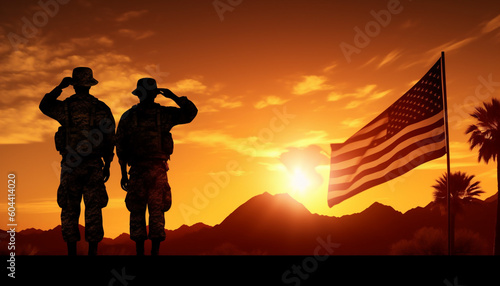 USA Army Soldiers Salute the USA Flag at Sunset or Sunrise - A Patriotic Greeting Card for Veterans Day, Memorial Day, and Independence Day