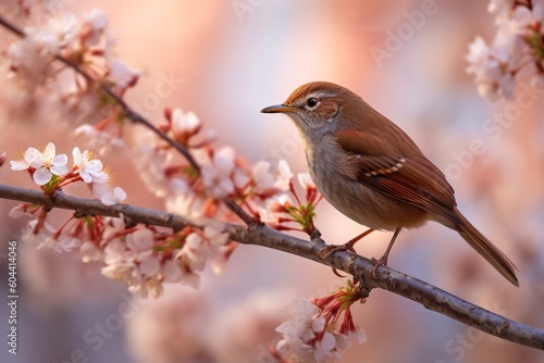Nightingale hopping on pink cherry blossom tree. High quality photo Generative AI