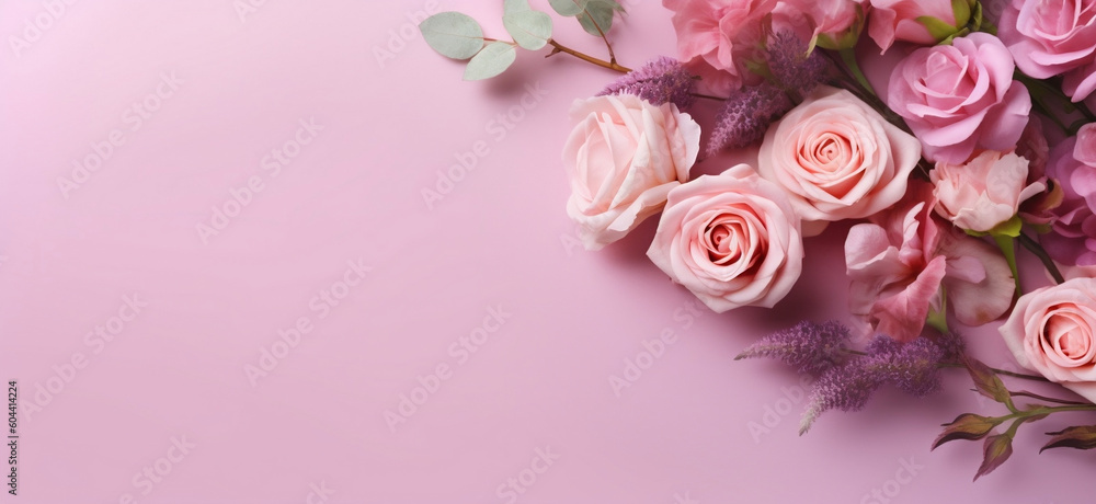 Spring Roses on Pink Background - Flat Lay Greeting Card Design, generative AI