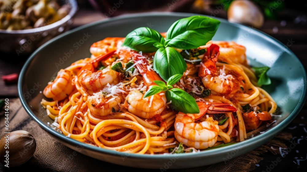 Generative AI italian pasta with seafood, cheese and tomato sauce close-up on a plate Generative AI italian pasta with seafood, cheese and tomato sauce close-up on a plate