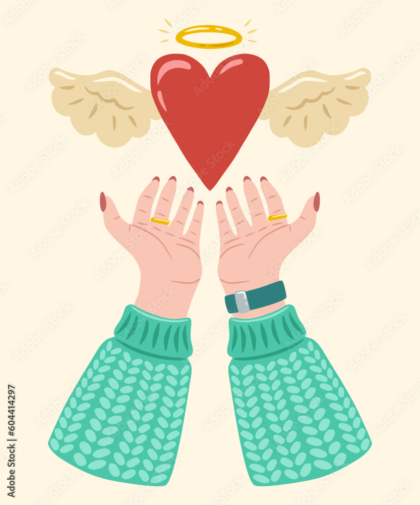 Obraz premium A flying heart with angel wings in hands. Heart in female hands. Design of element for greeting card, invitation, print, sticker. Illustration for valentine's day.