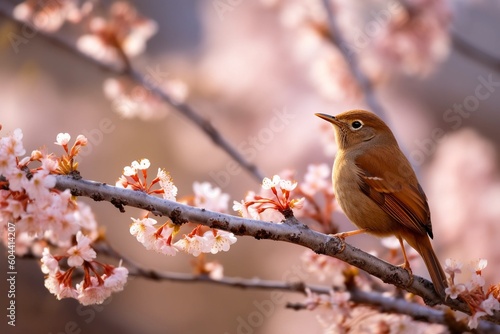 Nightingale hopping on pink cherry blossom tree. High quality photo Generative AI