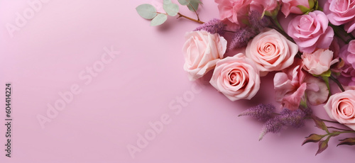 Spring Roses on Pink Background - Flat Lay Greeting Card Design, generative AI © Ash