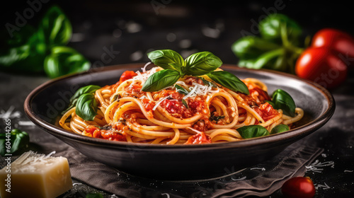Generative AI bolognese pasta with tomato sauce, parmesan cheese and basil on dark background