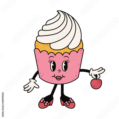 Groovy cupcake character with cherry. Cute retro muffin mascot. Cartoon isolated vector illustration.