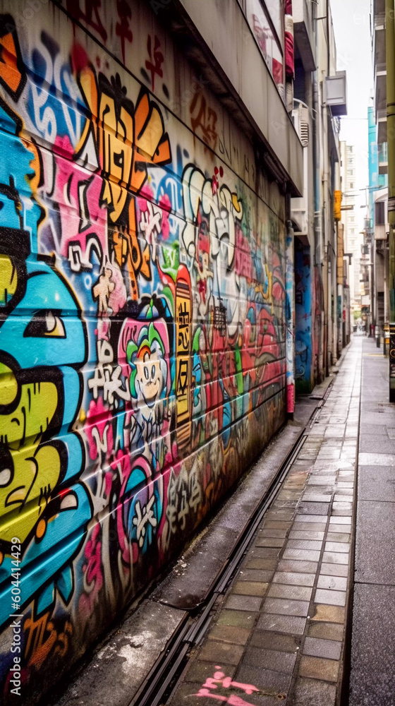 Fototapeta premium Japanese Graffiti on street wall, 80s style, Generative AI