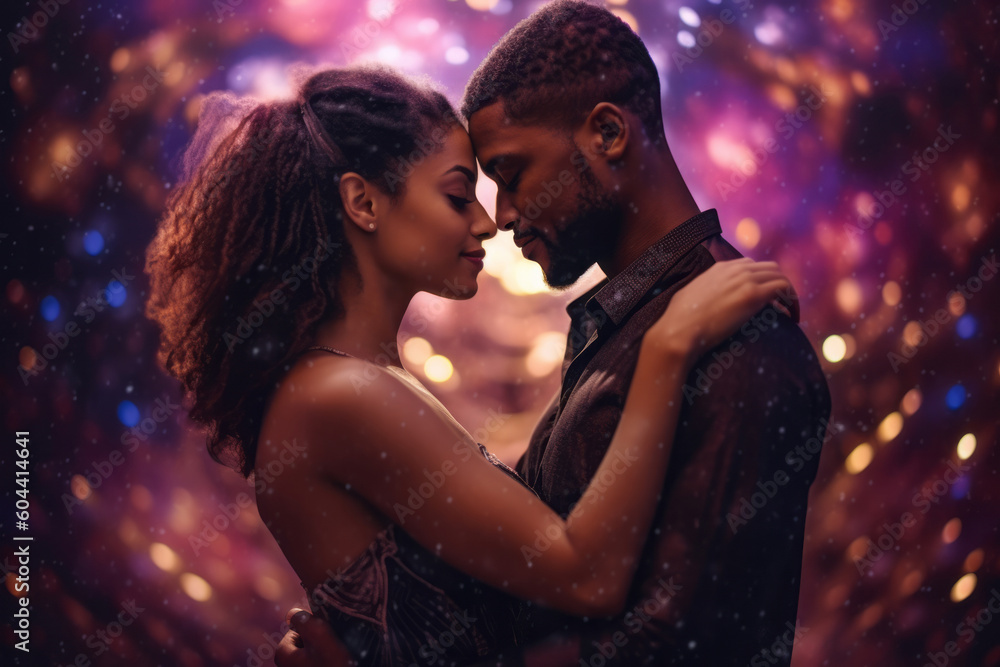 Couple in love. Beautiful young African-American woman and man embracing and looking at each other.