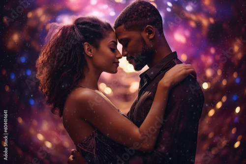 Couple in love. Beautiful young African-American woman and man embracing and looking at each other.