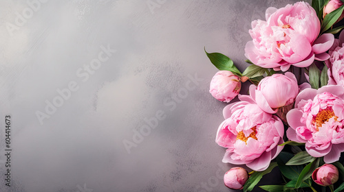 Beautiful flowers on grey background. Tender pink peonies frame with copy space.