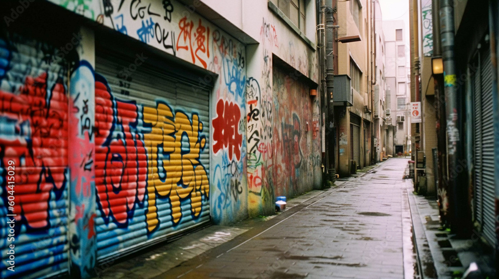 Japanese Graffiti on street wall, 80s style, Generative AI Japanese Graffiti on street wall, 80s style, Generative AI