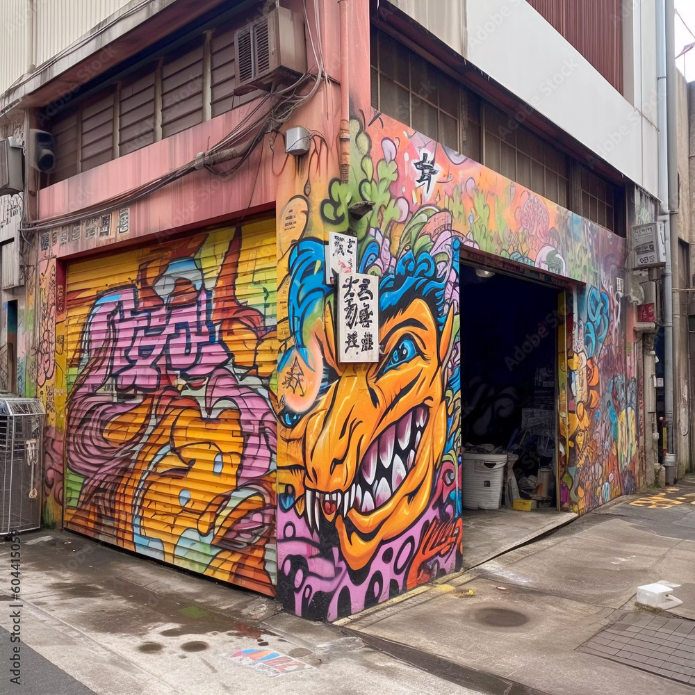 Japanese Graffiti on street wall, 80s style, Generative AI Japanese Graffiti on street wall, 80s style, Generative AI