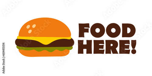 Food here cartoon cute banner for your business. Cafe, restaurant, food delivery, coffee shop, coffee house card, flyer, sticker identity with groovy burger (Full Vector)