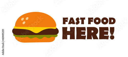 Fast Food here cartoon cute banner for your business. Cafe, restaurant, food delivery, coffee shop, coffee house card, flyer, sticker identity with groovy burger (Full Vector)