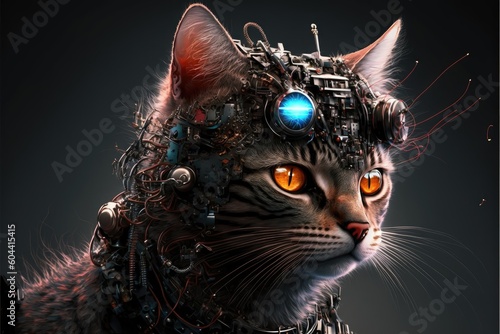 Cyborg cat portrait with cybernetic brain implant. Closeup.