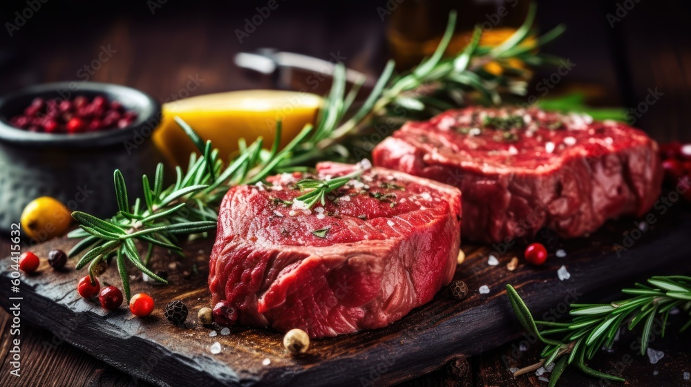 Fresh raw beef steaks. Generative AI Fresh raw beef steaks. Generative AI