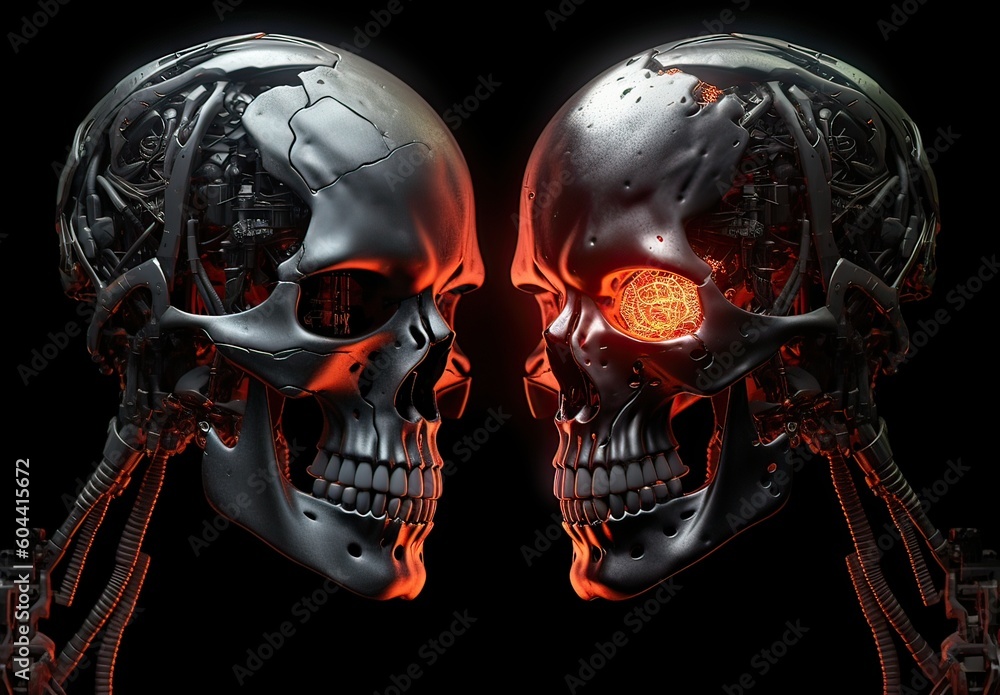 Two skulls terminator look at each other black background. Generative Ai. Two skulls terminator look at each other black background. Generative Ai.