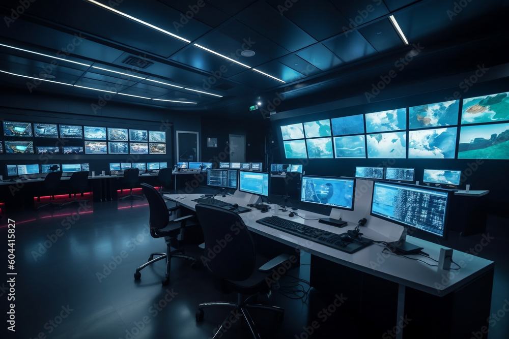 Modern security control room with multiple displays and empty workspace, generative AI