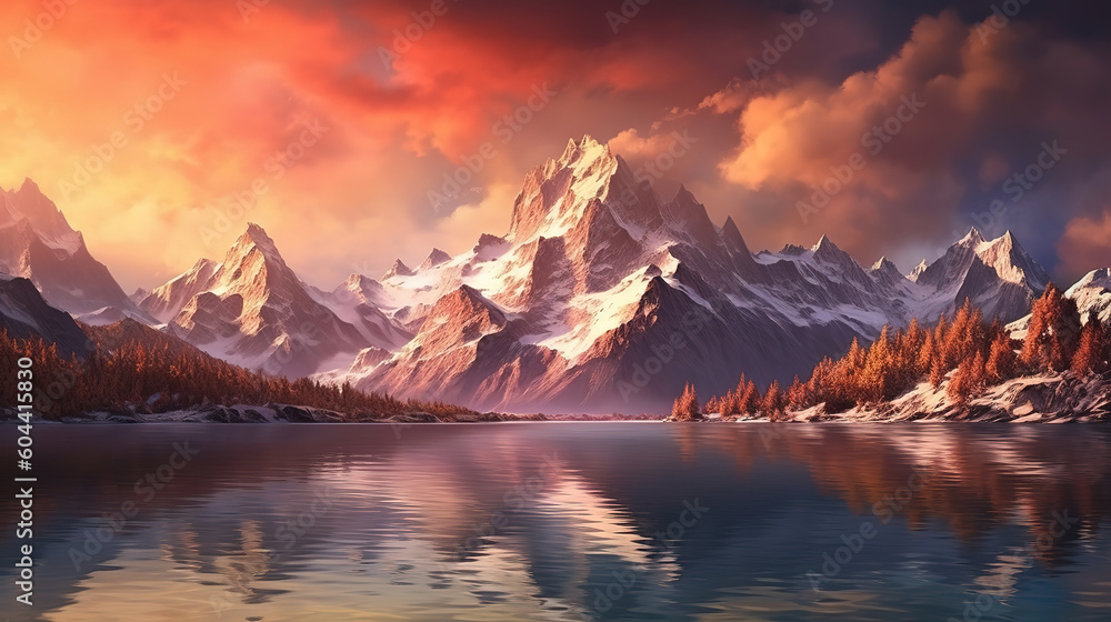 A glassy lake reflects a pristine mountain range. Generative ai