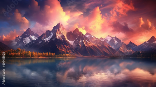 Panorama of Alps mountain with sunset light reflecting in lake. Generative ai © MdMaruf