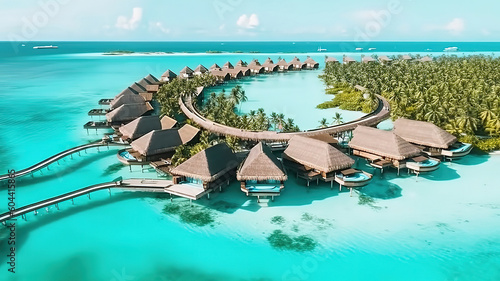 Overwater villas on tropical atoll island for holidays vacation travel and honeymoon. Generative ai