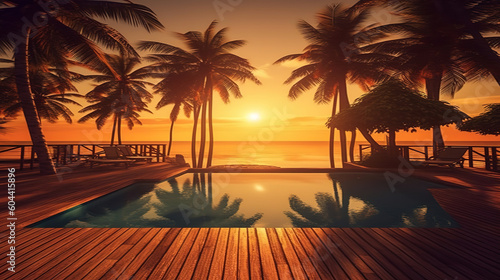 Relaxing at luxury beach hotel resort at sunset in swimming pool. Generative ai © MdMaruf