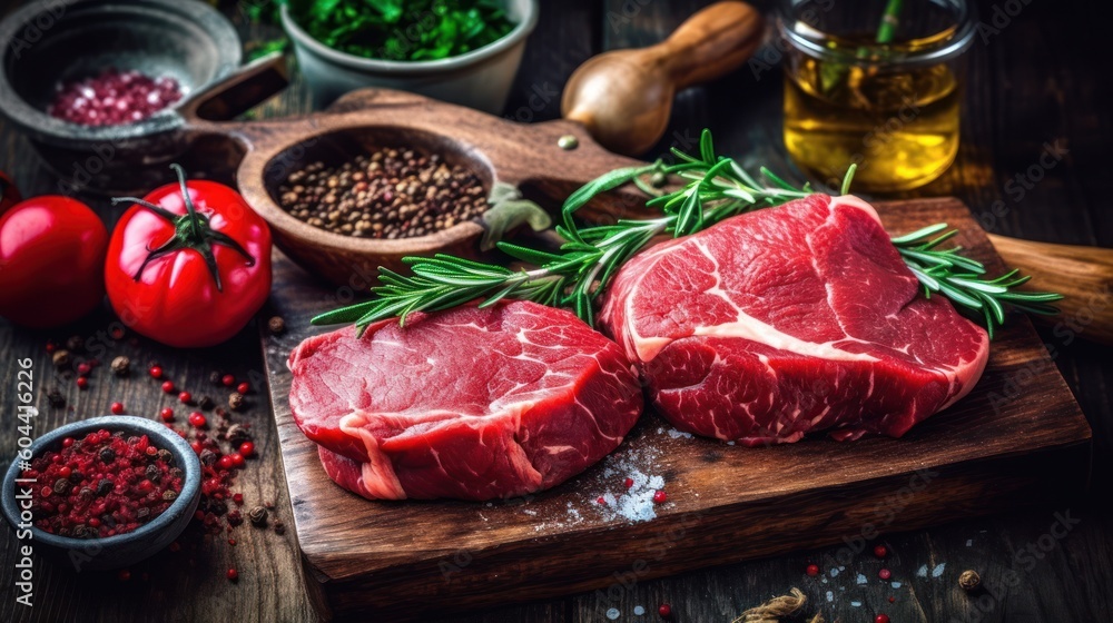 Fresh raw beef steaks. Generative AI Fresh raw beef steaks. Generative AI