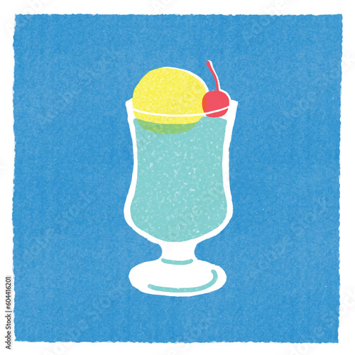 Blue cream soda drink with ice cream and cherry vector illustration. Risograph of cold refreshing beverage on blue background texture.