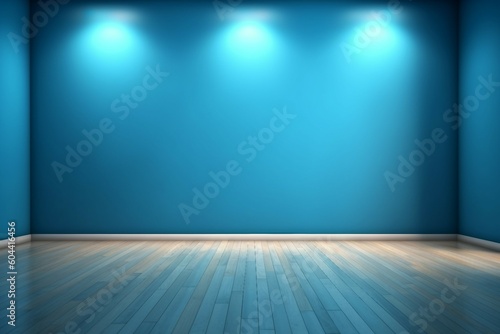  A blue empty wall and wooden floor with captivating light reflections. An ideal interior background for presentations. © Kaiser