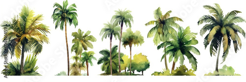 Vintage Watercolor Tropical Tree Set with Palm, Banana and Coconut Trees on White Background, generative AI