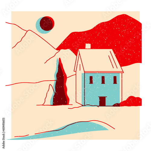 Landscape. Ranch, house in the mountain, farm, meadow, house, tree, road, mountain. Hand drawn vector illustration. Colorful cute screen printing effect. Riso print effect. Icon, logo, print, poster 