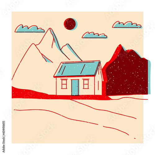 Landscape. Ranch, house in the mountain, farm, meadow, house, tree, road, mountain. Hand drawn vector illustration. Colorful cute screen printing effect. Riso print effect. Icon, logo, print, poster 