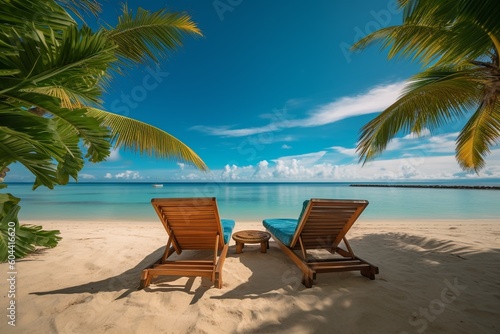 beautiful tropical beach with white sand and two sunbeds framed with palms. Bright crystal clear see. tropical vacation. High quality photo Generative AI © Starmarpro