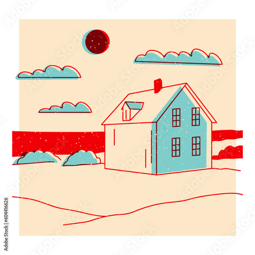 Landscape. Ranch, house in the mountain, farm, meadow, house, tree, road, mountain. Hand drawn vector illustration. Colorful cute screen printing effect. Riso print effect. Icon, logo, print, poster 