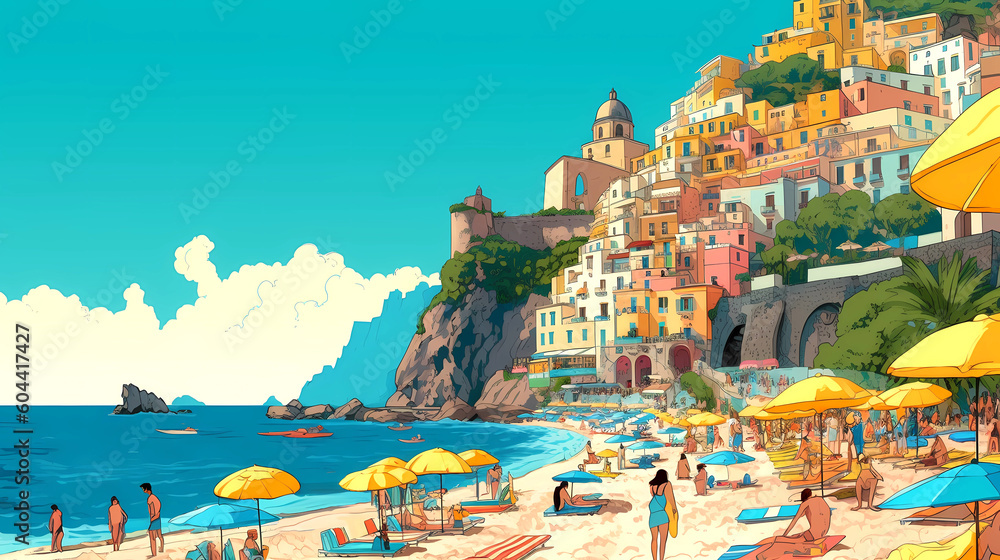 Illustration of beautiful view of Positano, Italy